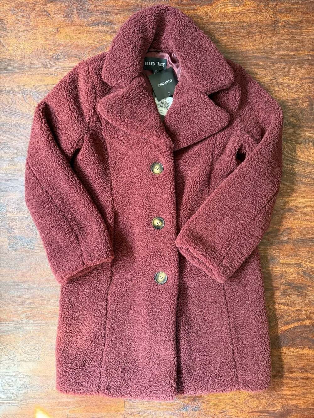 Ellen Tracy Women's Faux Shearling Teddy Coat in Merlot Size XS